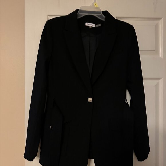 Calvin Klein Lux Stretch Peak Lapel Long Sleeve One Button Front Belted Jacket, - Picture 1 of 6